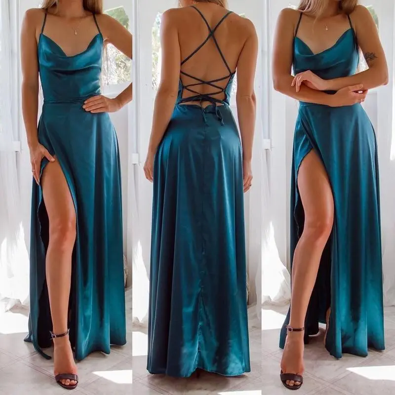 Women's Thick Solid Formal Basic Sexy Sleeveless Slim Spaghetti Strap Midi Satin Silk Slip Dress - Adjustable Belt, Elegant Cowl Neck for Party Cocktail Events