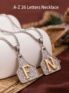 Fashionable Geometric Cowboy Style Jacket Design 26 Letter Pendant Necklace, Elegant Stainless Steel Chain Jewelry, Perfect Gift for Valentine's Day & Birthdays & Vocation, Necklace Initial