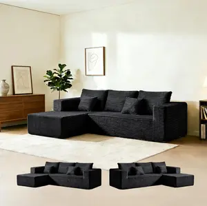 L-Shaped Corduroy Modular Sectional Sofa Set with 2 Throw Pillows 3 Cushions, Chaise Lounge, No Assembly Needed Multiple Free Combinations boneless sectional couch for Living room furniture or Bedroom Cloud  Versatile Use Boneless Sofa