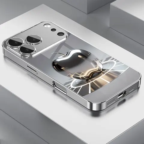 Protective Electroplated Metallic Gloss Gradient HD Glass Cellphone Case - Silvery Fruit Logo Mobile Phone Accessory, Smartphone Shell, Phone Guard for iPhone 17/17Pro/18ProMax/17Air/16 Series/15 Series/14Pro/13Pro/12 Series/11Pro