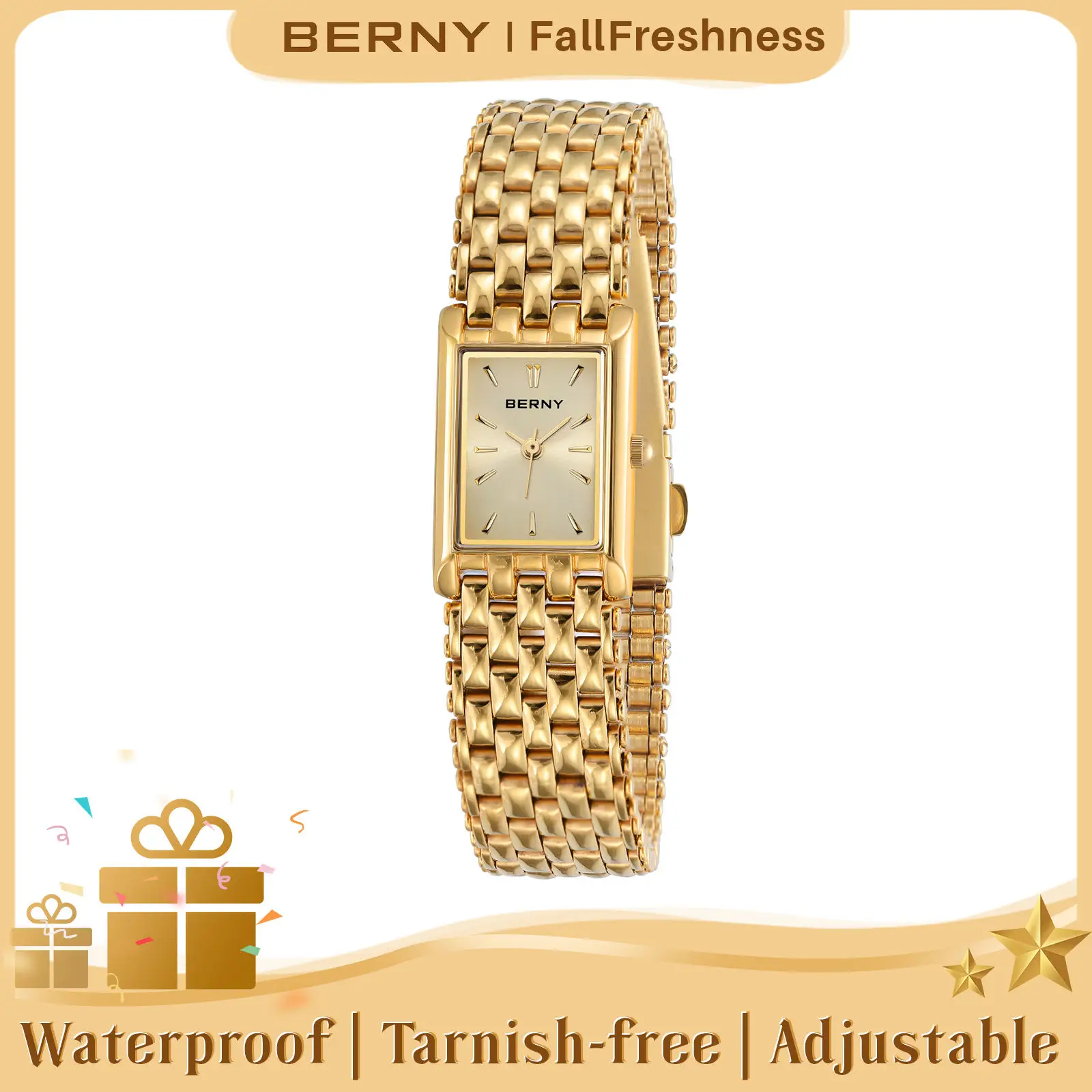 BERNY Gold Watch for Women Vintage Ladies Square Quartz Wristwatch All Stainless Steel Womens Dainty Tiny Old Money Goldwatch Luxury Casual Fashion Br