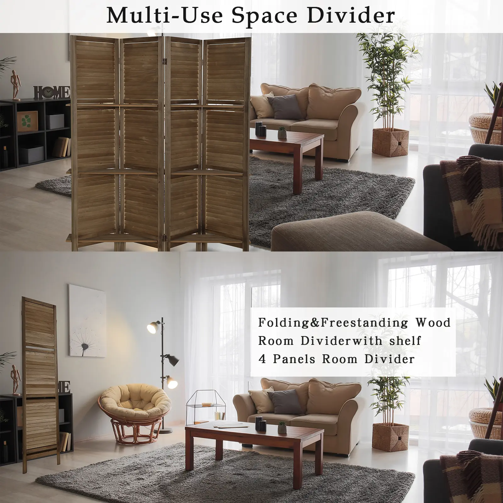 Room Divider – 4 Panel Folding Privacy Screen with Louver Design, 5.6 ft Tall Wooden Room Partition for Living Room Bedroom Office, Freestanding Portable Wall Divider with 360° Hinges, No Assembly Required