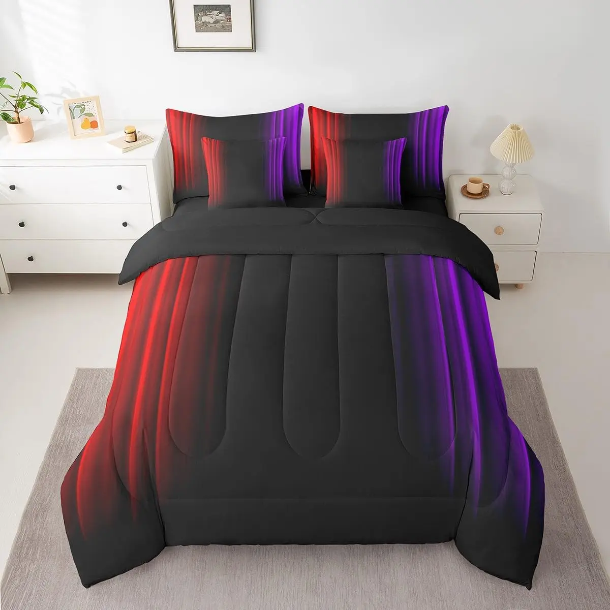 Teens Abstract Ombre Decorations Bed in a Bag Women Red Purple and Black Comforter Set with Sheets Geometric Modern Bed Set Room