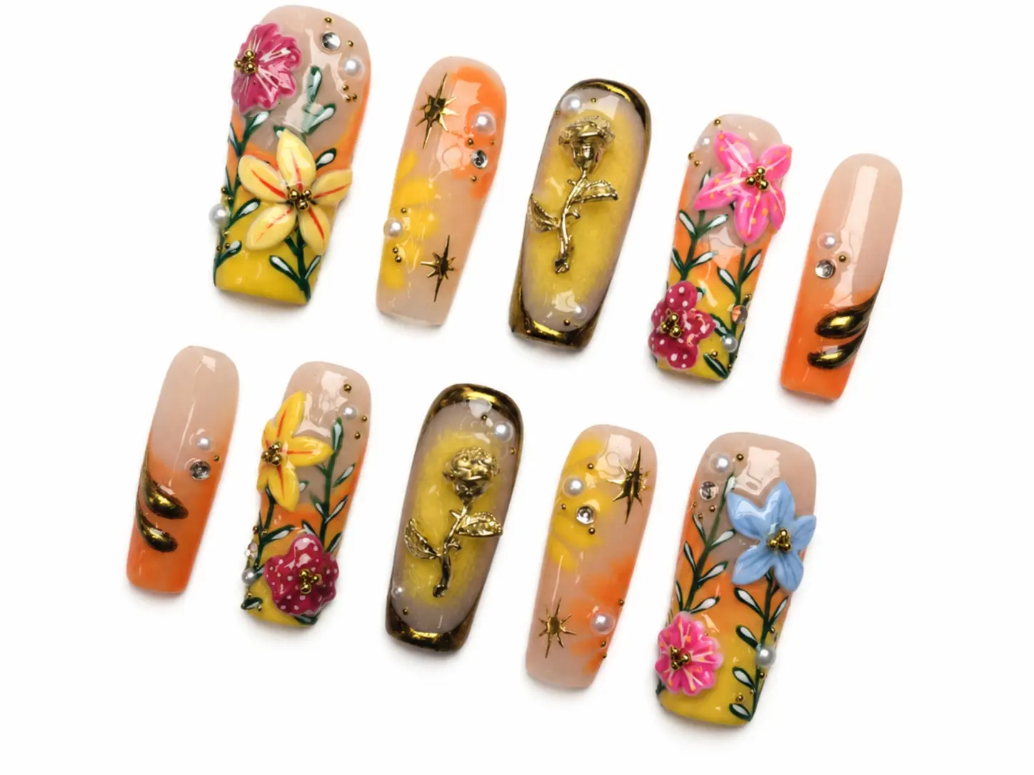 Unailty I  Floral Canvas | Professional Salon-Quality Handmade Press-On Nails | High-Strength & Durable | Reusable