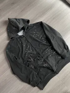 Sparkly Rhinestone Star Zip Hoodie Vintage Washed Oversized Y2K Grunge Hooded Sweatshirt