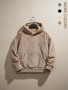 men's solid pocket long sleeve fuzzy hoodie, loose casual hooded sweatshirt for fall, drippy outfits, going out outfit, cozy fall outfits