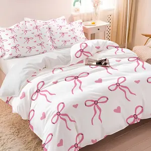 Ins Style Pink Bow & Heart Duvet Cover Set, 1 Duvet Cover + 1/2 Pillowcases, No Core, Cute Bow and Heart Print Bedding, Soft, Comfortable & Breathable, Suitable for All Seasons, Minimalist Bedroom Decor