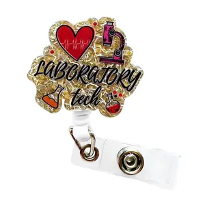 Laboratory Tech Themed Retractable Badge Reel, 1 Count Acrylic Name Badge Holder with ID Clip, Suitable for Nurse Doctor Office Staff, Workplace Employees