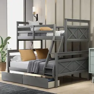 Twin over Full Bunk Bed with Storage Drawers, Ladder and Safety Guardrail, Solid Wood Bunk Bed Frame, for Teens Adults