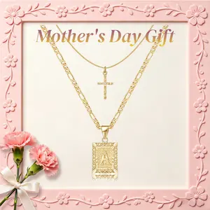 KissYan Gold Layered Initial Cross Necklace, 14K Gold Plated Layering Square Letter Pendant Figaro Chain Cross Choker from A-Z Capital Jewelry for Women Girls & Jewelry Mothers Day Gift Ideas