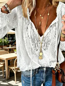 Boho Lace V-Neck Blouse for Women, Long Sleeve Tie Neck Loose Fit Crochet Shirt for Casual Summer Wear