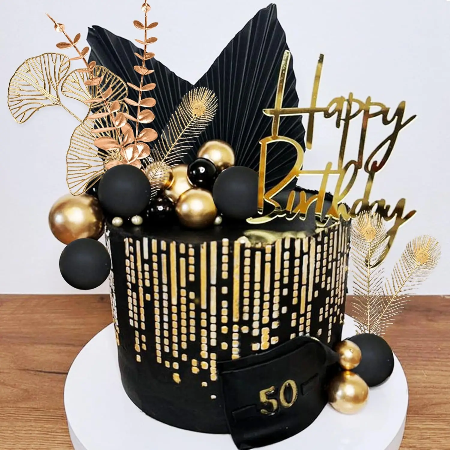 21PCS Boho Cake Topper Black Gold Balls Cake Topper Gold Leaves Cake Decorations Prom Cake Decoration Roaring 20s Cake Decoration 1920s Party Supplies Balls Cake Decorations