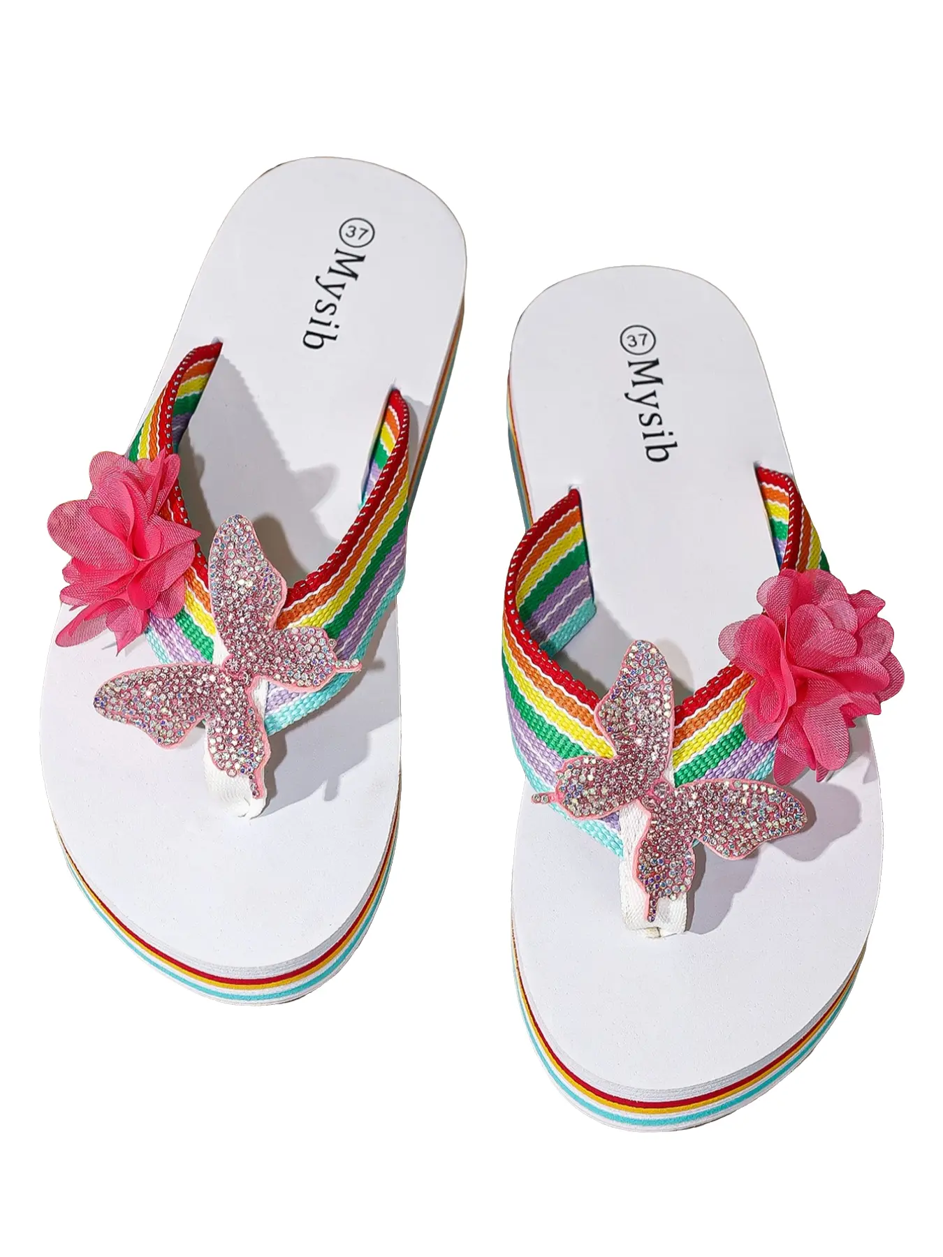 Rainbow Stripe Butterfly Floral Rhinestone Platform Flip Flops Vacation Casual Thong Sandals