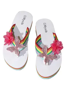 Rainbow Stripe Butterfly Floral Rhinestone Platform Flip Flops Vacation Casual Thong Sandals