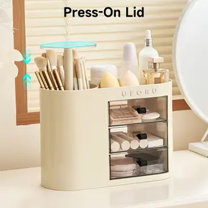 Makeup Organizer with Drawers for Vanity, 4 Slot Brush Holder with One Touch Open,Spacious Cosmetic Storage for Dresser Vanity and Bathroom Countertop, Beauty Holder for Lipstick Skincare