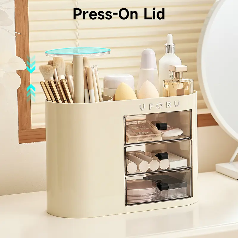 Classic Eco-Friendly Makeup Organizer Box - 1-Touch Open Design, 4-Slot Beauty Brush Holder, Accessible Adjustable Cosmetic Trays & Drawers, Desktop Display Storage Cosmetics Organizer for Bathroom Vanity (for Beauty Lovers)