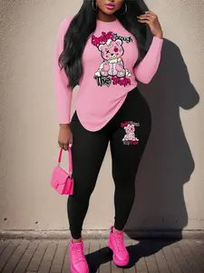 【Plus Size】 Two-Piece Set Cartoon Bear Print Tee & Skinny Pants, Casual Round Neck Long Sleeve Top & Trousers for Spring & Fall, Jegging Pants, Women's Clothes for Daily Wear, Casual Fashion Set, Womenswear
