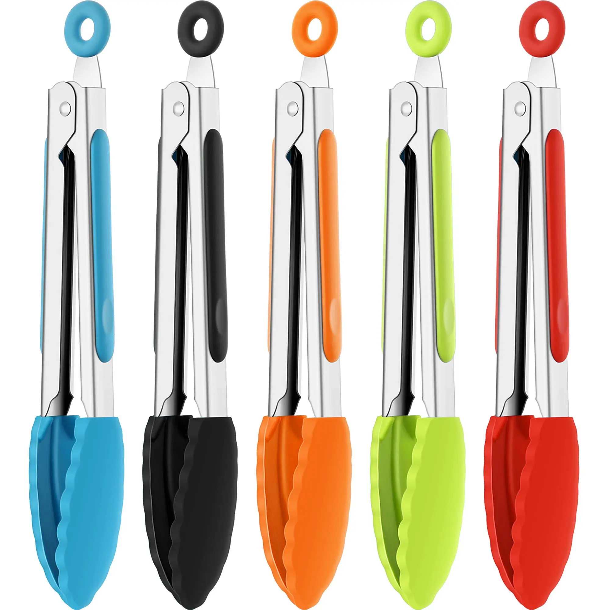 7-Inch Stainless Steel Mini Tongs Set with Silicone Tips & Silicone Grip, Multicolor 5-Pack Kitchen Utensils for BBQ, Frying
