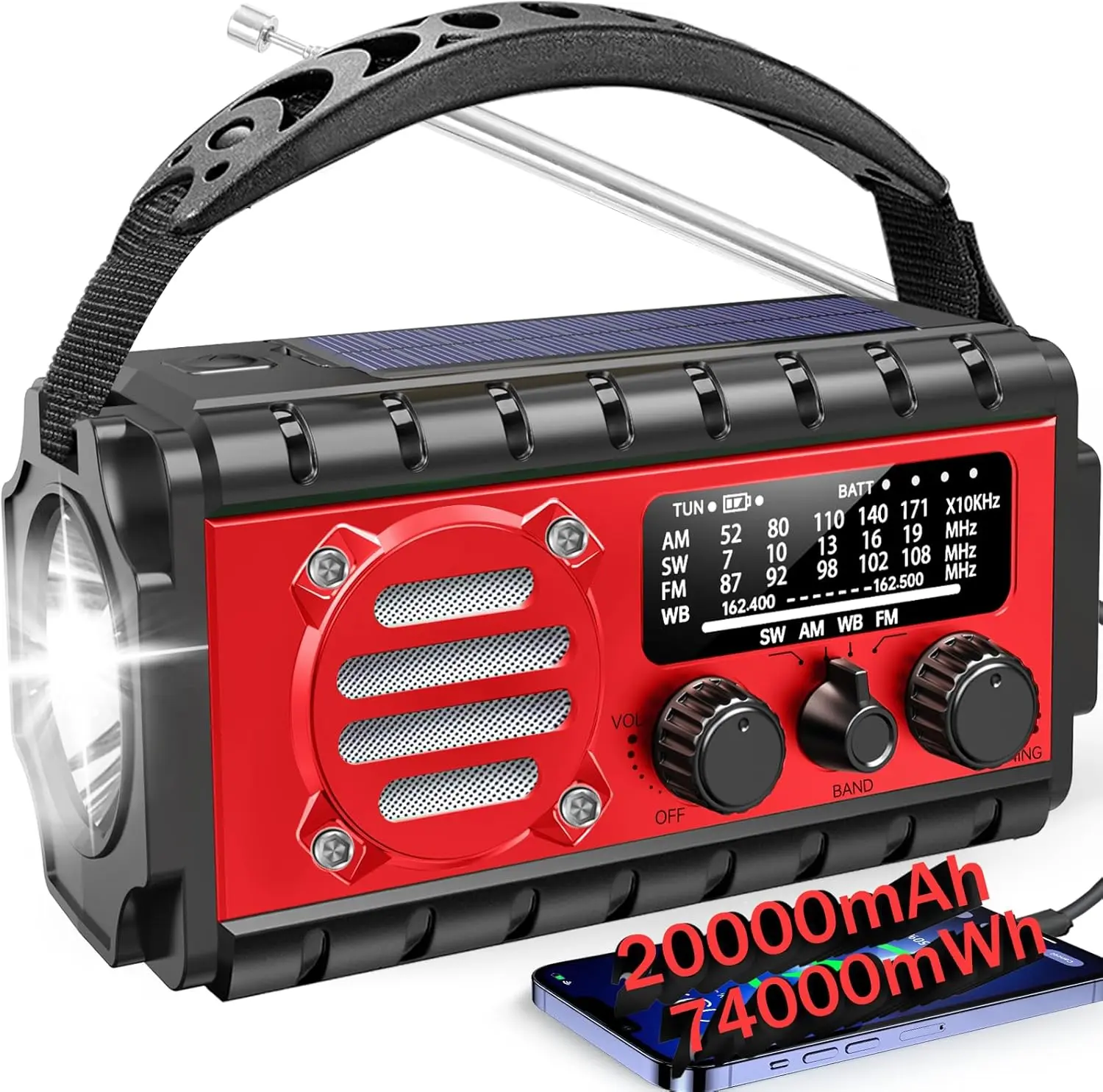 20000mah  Radio, SW/NOAA/AM/FM Weather Radio, Solar  Hand Crank Charger with Big  , Portable, Cellphone Charge, SOS, Flashlight for /