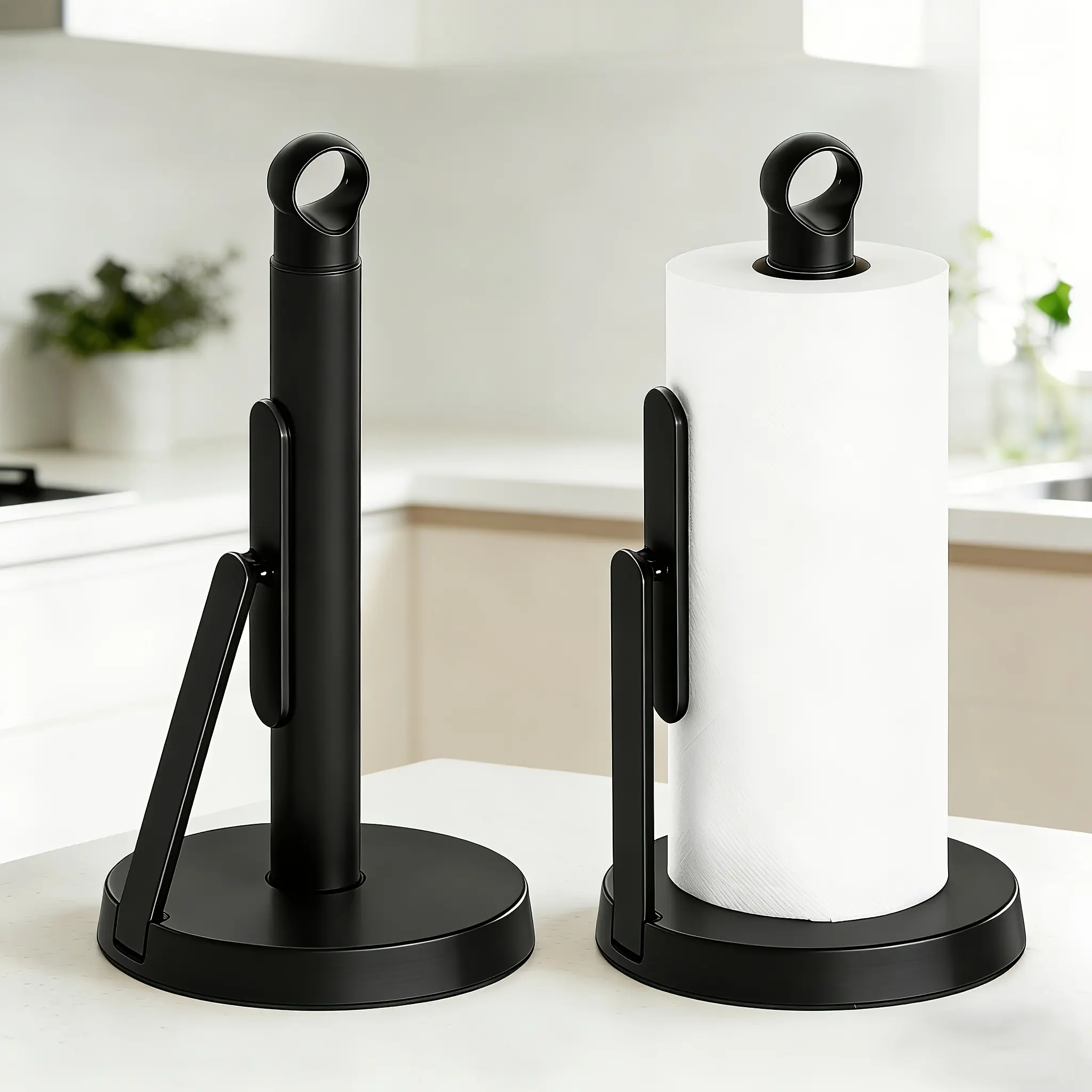 Vitscan Heavy-Duty Stainless Steel Paper Towel Holder With Tension Arm-Easy One-Handed Tear, Modern Standing Countertop Dispenser For Kitchen, Holds All Paper Towel Rolls，Black