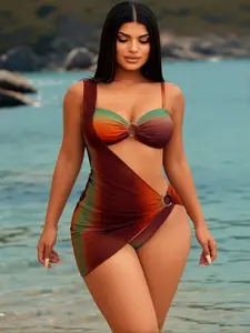 Women's 3-Piece High Stretch Polyester Blend Cut-Out Ombre Monokini Bathing Suit Outfits, Swimsuits with Sarong, Elastic True-Fit, Underwire Cup, Standard Sizes,summervibes
