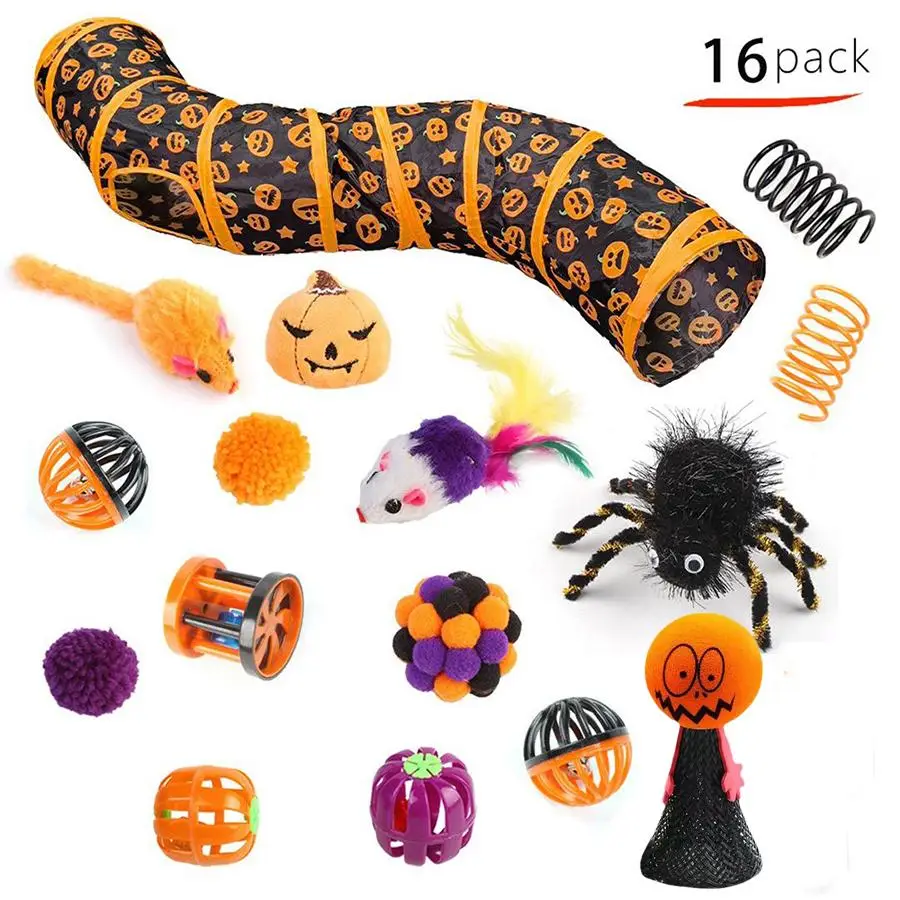 Pumpkin Pattern Tunnel Cat Toy Set, 16pcs/set Creative Interactive Cat Teaser Toy, Halloween Foldable Cat Tunnel, Pet Entertainment Supplies
