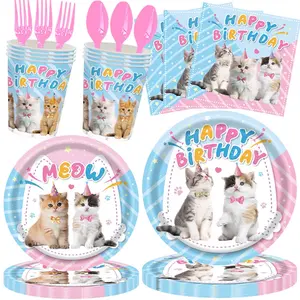 Cat Birthday Decoration Set, 100pcs Cat Theme Party Decorations, Cat Birthday Plates Napkins Cups Balloons, for 16 People