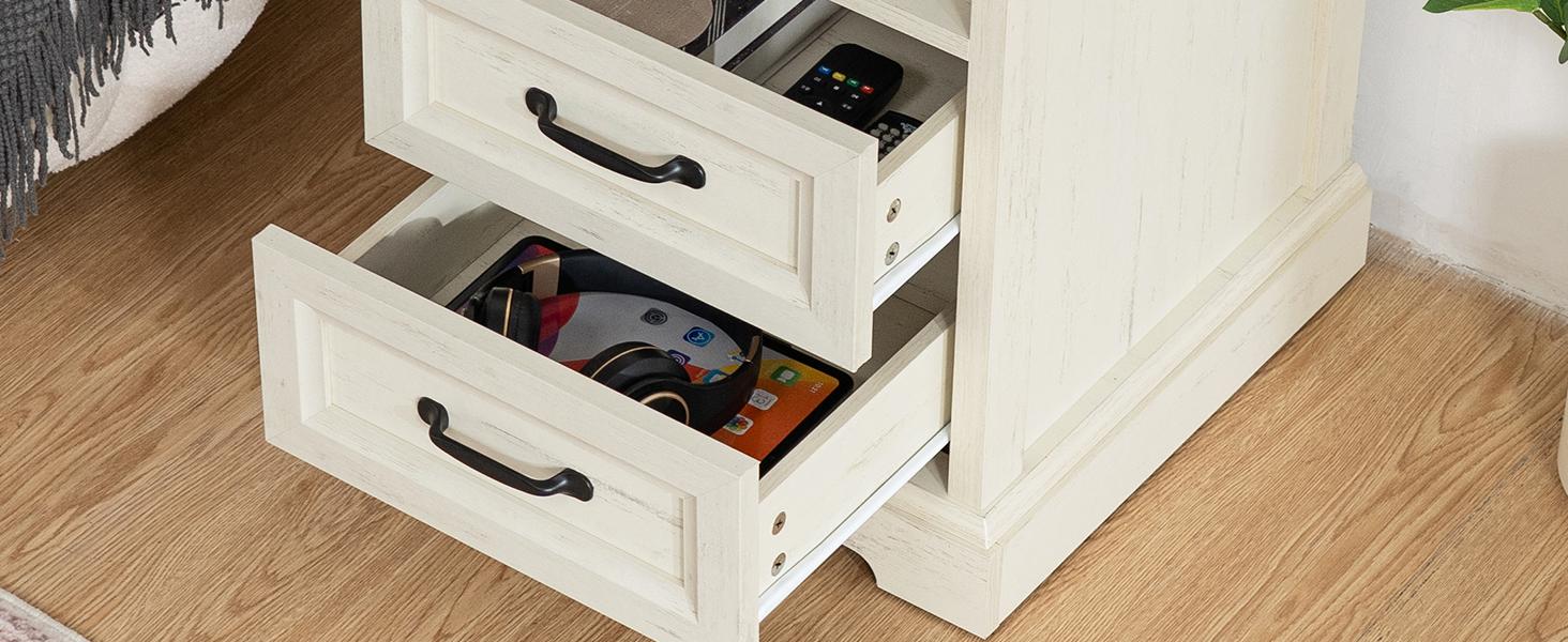 HOMMPA 18'' Farmhouse Nightstand with Charging Station, Bedside Tables with Open Shelf, 2 Drawers End Table Dresser Side Table, Wood Night Stand for Bedroom, Rustic White HOMMPA 18'' Farmhouse Nightstand with Charging Station, Bedside Tables with Open Shelf, 2 Drawers End Table Dresser Side Table, Wood Night Stand for Bedroom, Rustic White