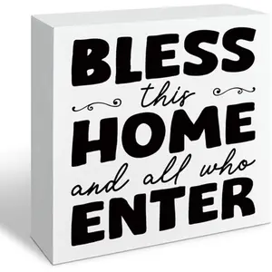 Bless This Home Sign, and All Who Enter, Box Sign Decor Tabletop, Entry Way Signs, Decorations Gift For Home For Spring Summer Fall All Seasons Holiday, Welcome Signs, Housewarming Gift 5x5 inch