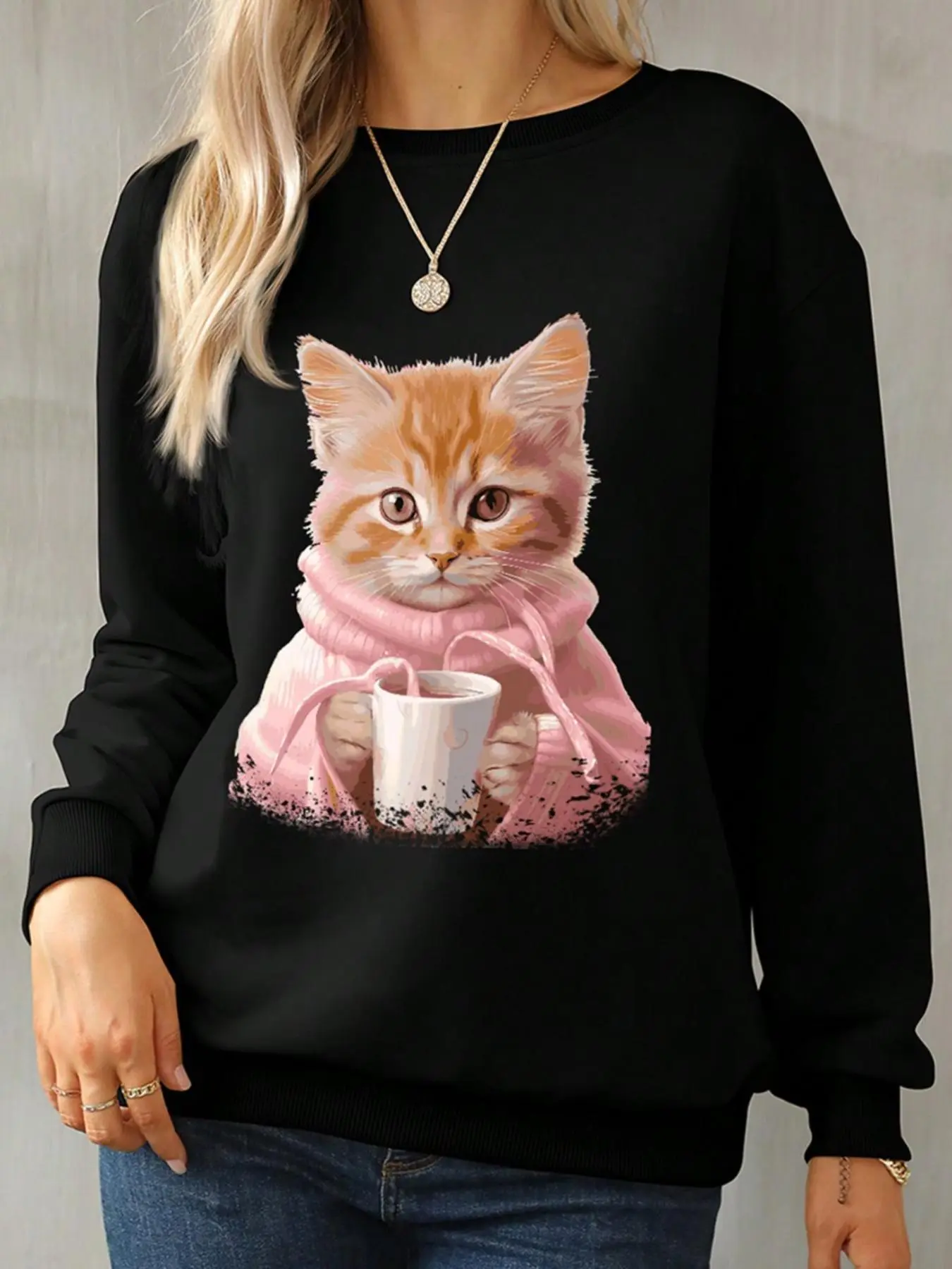 Women's Cartoon Cat Print Drop Shoulder Lightweight Sweatshirt, Casual Long Sleeve Round Neck Pullover for Spring & Fall, Ladies Clothes for Daily Wear
