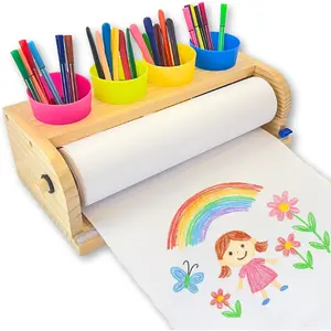 Wooden Tabletop Paper Roll Dispenser with Safety Sliding Cutter Kids Art Easel with 11.4”x 98.4ft Paper Roll Pencil Cups and 30 Piece Drawing Kit Set