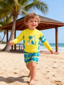 Boys Summer Beach Vacation Sun Protection Swimwear Set, Long Sleeve Two-Piece Swimsuit with Coconut Tree Print + Shorts 2 Piece Suit
