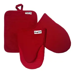 MagMitt Magnetic Oven Mitts - 3 Piece Set (Cherry Red) - 2 MagMitts & 1 MagPad - Heavyweight Cotton Canvas Flexible Silicone Grips Heat Protection Kitchen Essentials