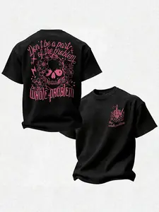 Be the Whole Problem Printed Skull & Skeleton Hand Graphic Unisex T-shirt, Powerful Slogan, Vintage Gothic Skeleton Design, Casual Streetwear Short Sleeve Crewneck, Casual Letters Print with Slogan "Don't be a part of the problem