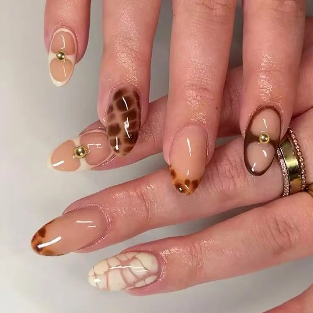 24pcs Short Oval Leopard Print Rhinestone French Nails, Acrylic Press-On False Nail Set with Jelly Glue & File, Easy Wear for Parties