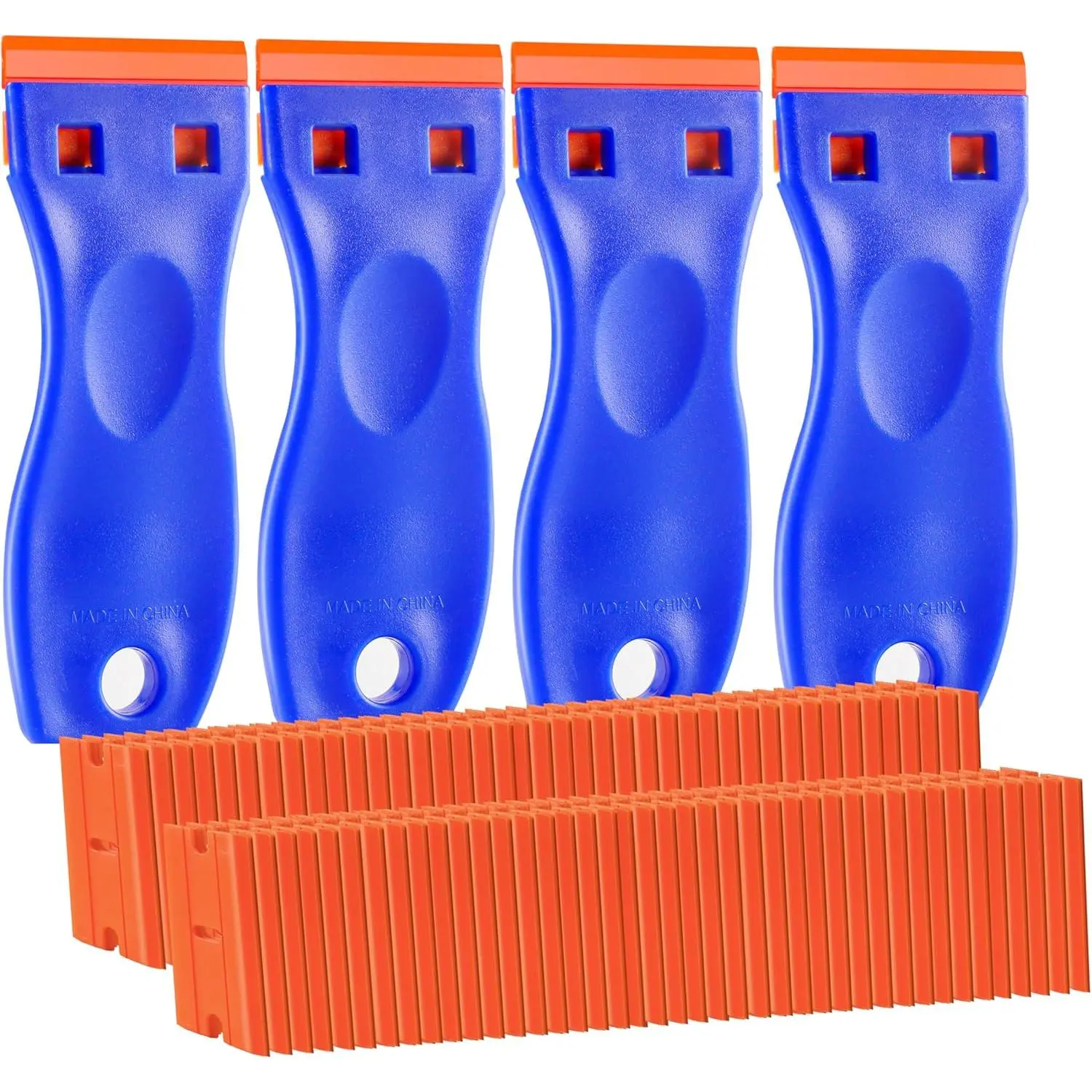 Plastic Razor Scraper Tool Set - 4-Count Scrapers, 120-Count Blades, Curved Handle Design, Lightweight, Safe Scraping, Easy to Carry, Efficient for Removing Stickers, Removes Adhesives on Glass Surfaces