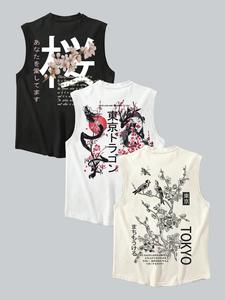 men's cherry blossom & letter print round neck tank top, regular fit casual sleeveless top for summer, men's printed graphic clothes for daily wear, menswear, athletic tank top