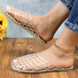 Women's Shimmering Jelly Mesh Ballet Flats Transparent openwork design with cork insoles. Beach-ready slip-ons crafted from PVC jelly ballet shoes