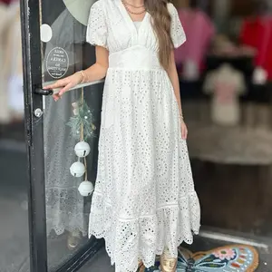 Tessa Eyelet Lace Smoked Dress - White Eyelet Lace, Short Sleeve, V-Neck, Fitted, Summer Casual Style