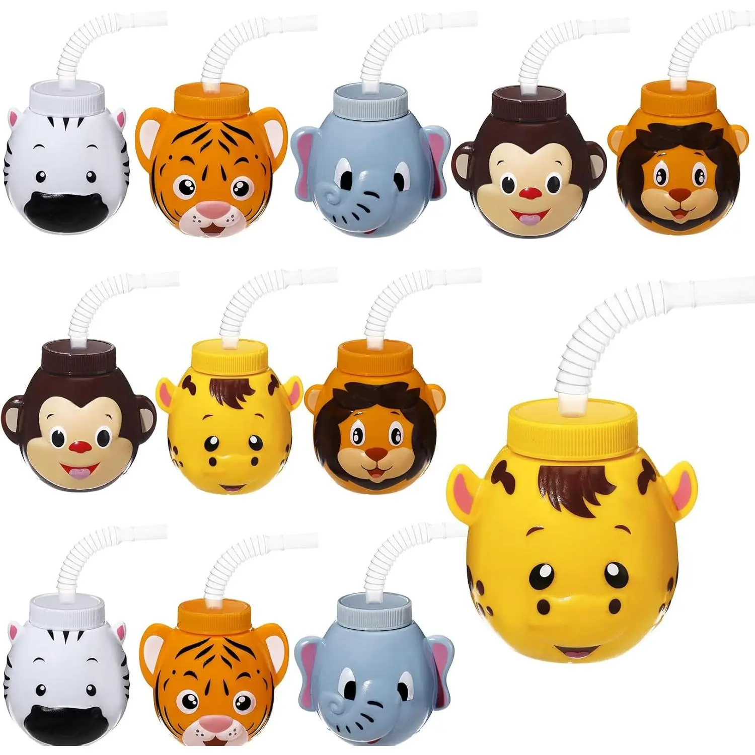 12 Sets Zoo Animal Cups with Straws and Lids, 10 oz Plastic Reusable Safari Jungle Animal Theme Kids Cups for Safari Birthday Party Supplies