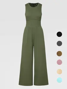 Women's Plain Pocket Zipper Round Neck Tank Jumpsuit, Casual Sleeveless Crew Neck Wide Leg Jumpsuit, Ladies Clothes for Daily Wear, Overalls