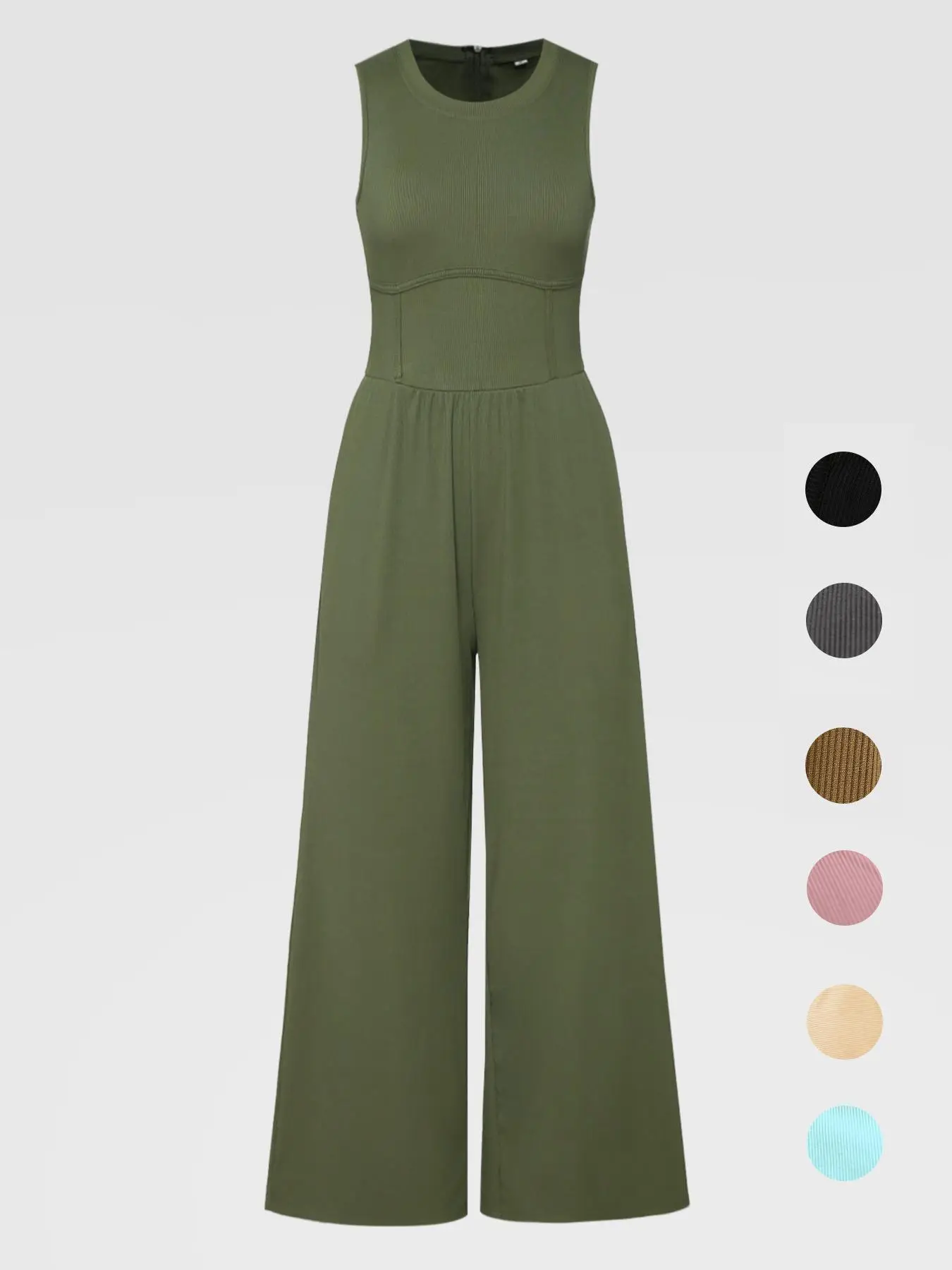 Women's Plain Pocket Zipper Round Neck Tank Jumpsuit, Casual Sleeveless Crew Neck Wide Leg Jumpsuit, Ladies Clothes for Daily Wear, Overalls