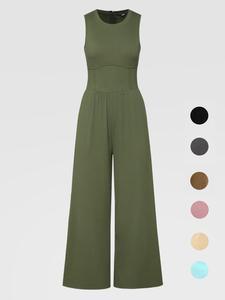 women's plain pocket zipper round neck tank jumpsuit, casual sleeveless crew neck wide leg jumpsuit, ladies clothes for daily wear, overalls, womenswear