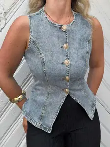 1 Women Denim Vest Sleeveless Button Down Fitted Jean Top Casual Cropped Waistcoat for Summer Streetwear