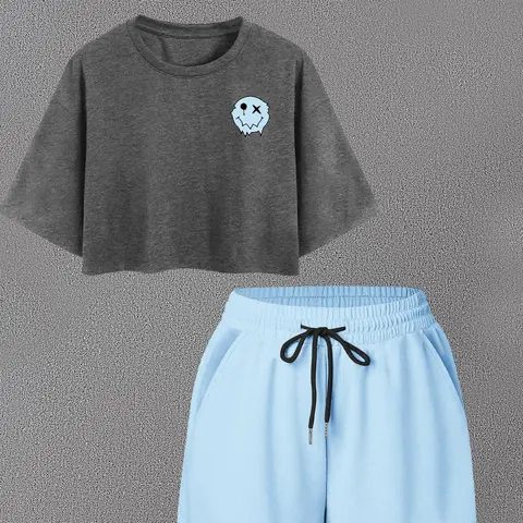 Women's Cartoon Face Print Crop Tee & Elastic Shorts Two-piece Set Casual Cozy Round Neck Short Sleeve T-shirt & Shorts for Daily Outdoor Wear, Ladies Summer Clothes Two Pieces Sets