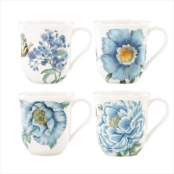 Lenox Butterfly Meadow Blue Fine Porcelain 10oz Cafe Style Mugs - S/4 Colorful Butterfly's-Eye View Floral Design, Dishwasher-Safe, Microwave-Safe, Cozy Mornings Coffee Bar Essential
