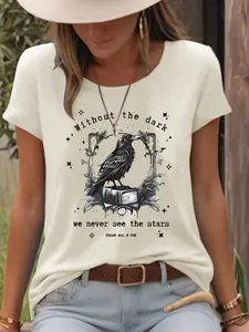 Women's Raven & Book Print Round Neck Tee, Casual Short Sleeve Crew Neck T-shirt for Spring & Summer, Fashion Women's Top for Daily Wear