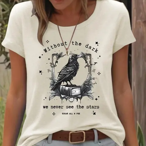 Women's Raven & Book Print Round Neck Tee, Casual Short Sleeve Crew Neck T-shirt for Spring & Summer, Fashion Women's Top for Daily Wear