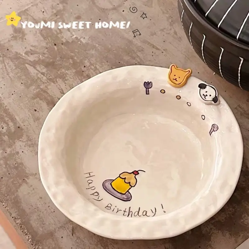 Happy Every Day Ceramic Plate & Bowl Set - 8.5-Inch Plates, 6.75-Inch Bowls, Durable, Smooth, BPA Free, Aesthetic Serving Dishes for Birthdays, Desserts, Bpa Free Plates