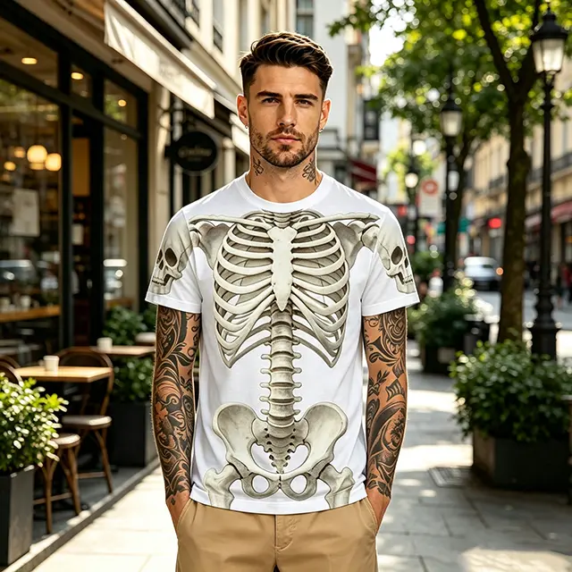 Vintage Full Torso Human Skeleton Print T-Shirt For Halloween, Optical Illusion Rib Cage Pelvis Bone Tee With Skulls On Cuffs, Gothic Punk Unisex Casual Top For Street Style & Halloween Party Outfits